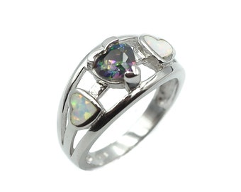 925 Sterling Silver Heart Mystic Fire Topaz Opal Bague