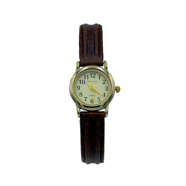 Montres Carlo Womens Classic Gold Rim and Dial Brown Leather Band Quartz Watch