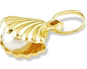 14k Yellow Gold White Pearl Sea Shell Italian Pendant