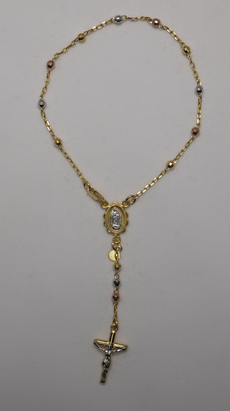 14k Gold Crucifix Rosary Bead Bracelet Christ Dangle Bracelet Tricolor Gold Rosary Bracelet