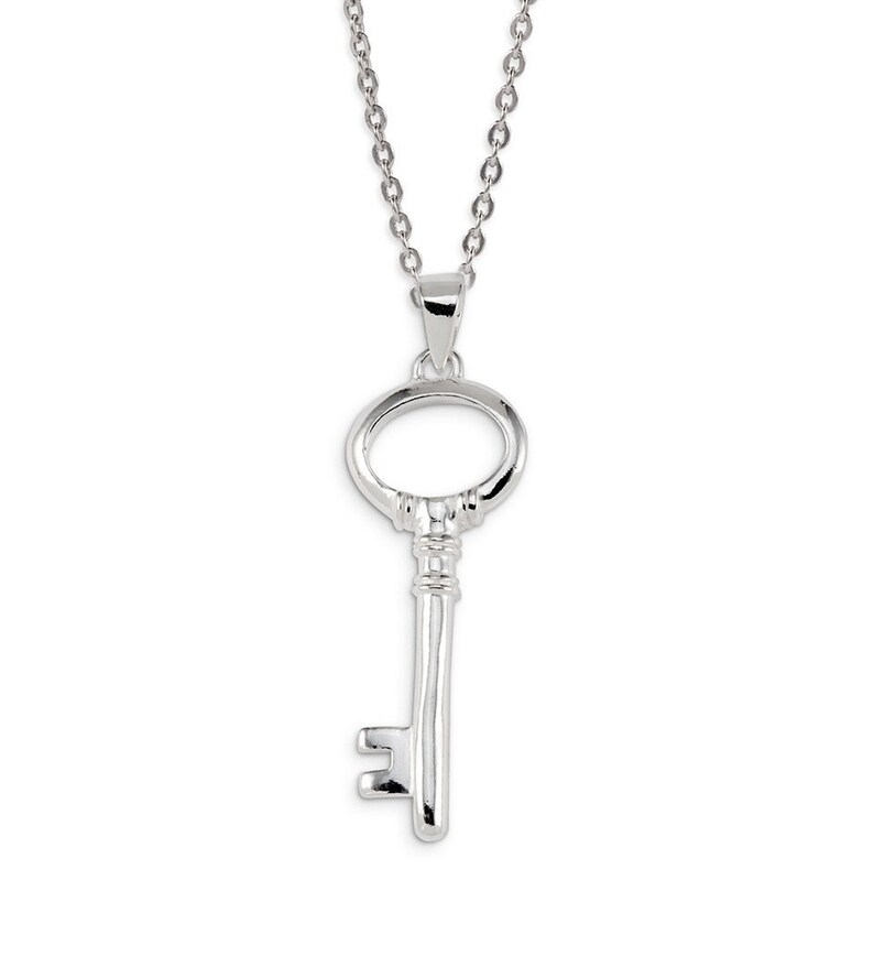 Solid .925 Sterling Silver Oval Skeleton Key Pendant image 1