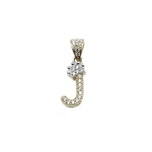 14K Yellow Gold Crown Initial Letter J White CZ Stone Pendant image 1