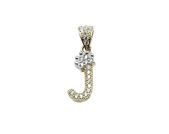 14K Yellow Gold Crown Initial Letter J White CZ Stone Pendant