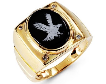 Mens 10k Yellow Gold Round Diamond Oval Onyx Eagle Ring