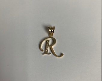 14K Yellow Gold Initial Letter R White CZ Stone Pendant