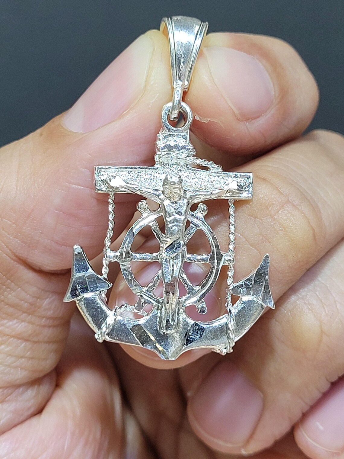 925 Sterling Silver Small Crucifix Mariner Anchor Pendant - Etsy