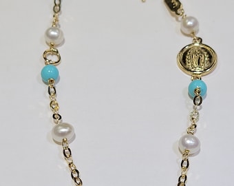 14k Yellow Gold Turquoise/Pearl Beads Baby Bracelet with Guadalupe Virgin