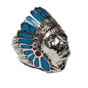 Turquoise & Red Enamel 925 Silver Native American Indian Chief Head Ring image 2