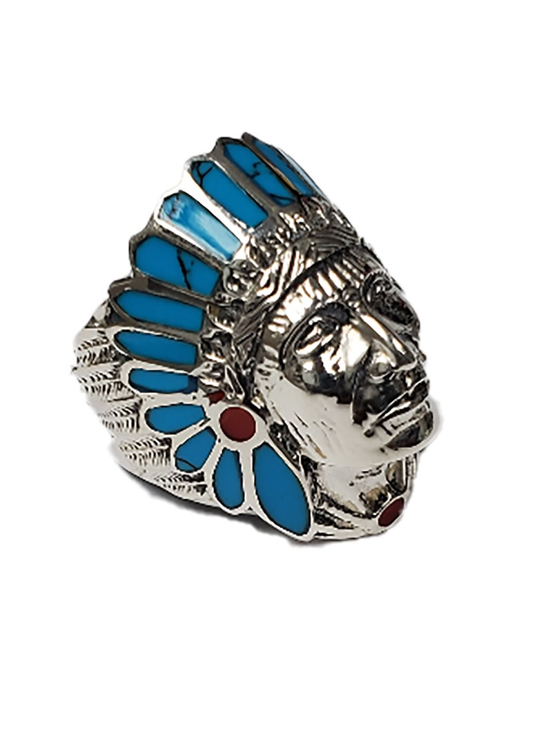 Turquoise & Red Enamel 925 Silver Native American Indian Chief Head Ring image 2