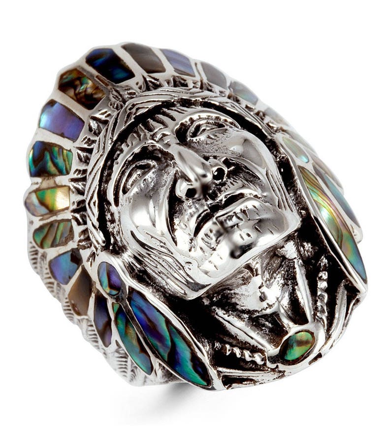 925 Silver Abalone Native American Indian Chief Ring image 1