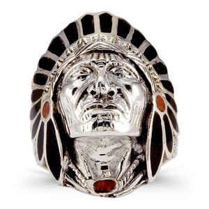 New Onyx Red Agate American Indian Head 925 Silver Ring image 3