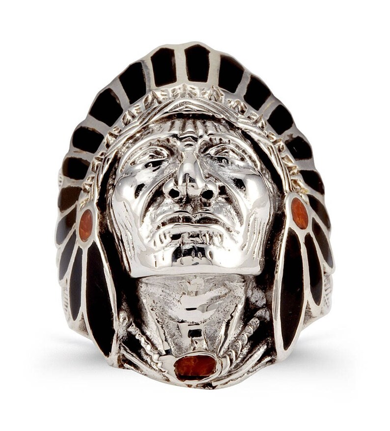 New Onyx Red Agate American Indian Head 925 Silver Ring image 3