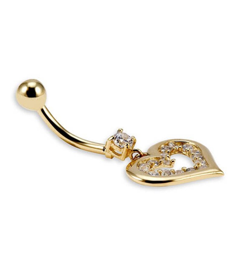 14k Yellow Gold Round CZ Heart 14g Belly Button Ring image 2