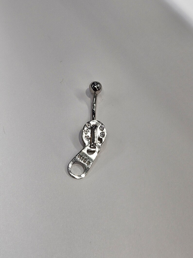 14k White Gold CZ Kiss Zipper 14g Belly Button Ring image 3