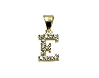 14K Yellow Gold Initial Letter E White Diamond CZ Stone Pendant