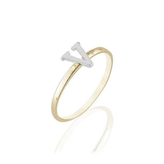 14k Yellow White Two Tone Letter V Initial Name Ladies Ring Etsy