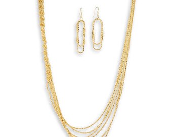 Gold Tone Woven Chains Necklace Dangle Earrings Set