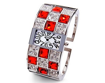 New Ladies Silver Tone White Red Square CZ Bangle Watch