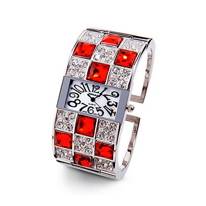 New Ladies Silver Tone White Red Square CZ Bangle Watch image 1