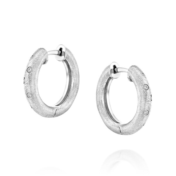 14 karat brushed solid white gold hammered finish diamond hoop click earrings 0.08ct