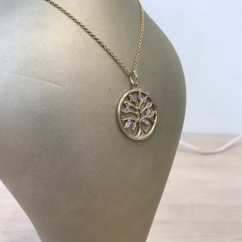 Yellow 9k solid gold artisan Tree of Life necklace with diamond accents on solid gold rolo chain