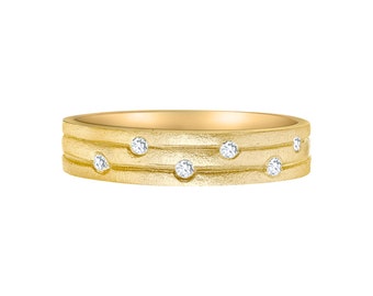 Solid 14k gold wedding band with 6 diamonds available in white yellow or rose gold