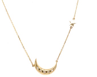 14k solid yellow gold celestial moon and star necklace set with diamond accents