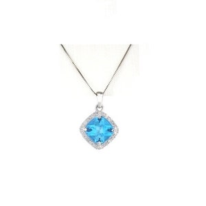 Genuine natural 1.50 carat cushion light blue topaz gemstone halo necklace with diamonds on 14k white gold chain