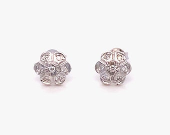 14 karat solid white gold diamond floral design diamond stud earrings with 0.12 carats of H/SI diamonds