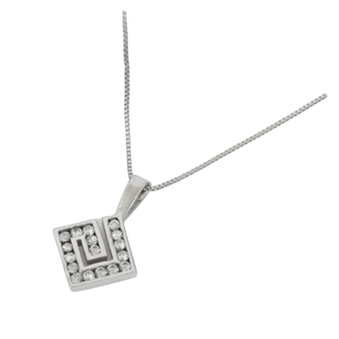 14 Karat White Solid Gold Greek Key Design Necklace With 1/4 Carat of H
