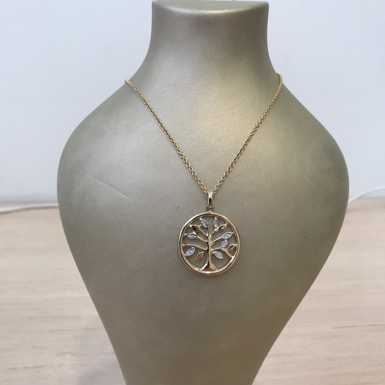 Yellow 9k solid gold artisan Tree of Life necklace with diamond accents on solid gold rolo chain