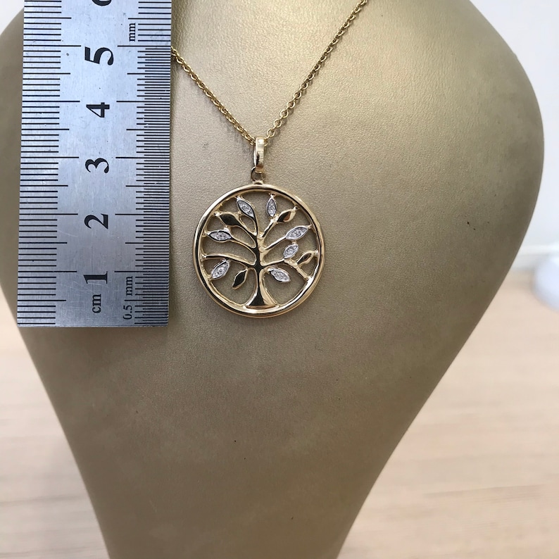 Yellow 9k solid gold artisan Tree of Life necklace with diamond accents on solid gold rolo chain
