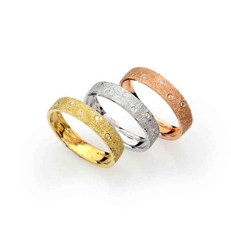 14k solid gold glittered finish design wedding band with 7 diamonds white yellow or rose gold