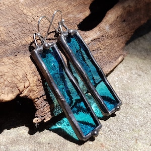 Stained Glass Aqua Blue Earrings. Soldered Long Rectangle Stainless Steel Earrings by Indigo Mood