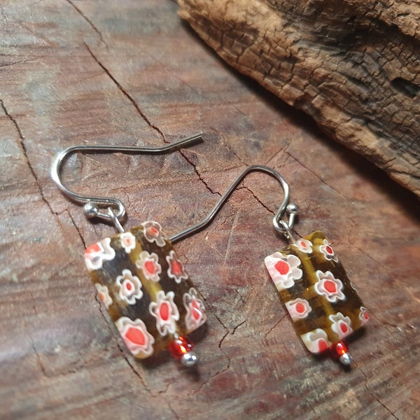 Millefiori Glass Bead Earrings. Earthy Golden Brown with Red and White Flowers by Indigo Mood