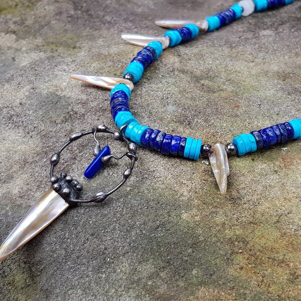 Tribal Mother of Pearl Lapis Turquoise Hematite One of a kind Artisan Pendant Necklace by Indigo Mood