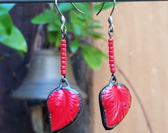 Vintage Upcycled Repurposed Red Glass Button Earrings. Soldered Beaded Earrings by Indigo Mood