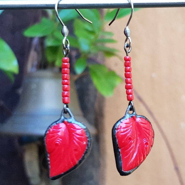 Vintage Upcycled Repurposed Red Glass Button Earrings. Soldered Beaded Earrings by Indigo Mood