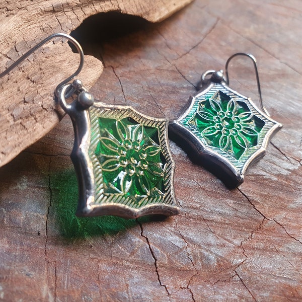 Vintage Figured Green Glass Earrings. Stained Glass Arabesque Soldered Earrings by Indigo Mood