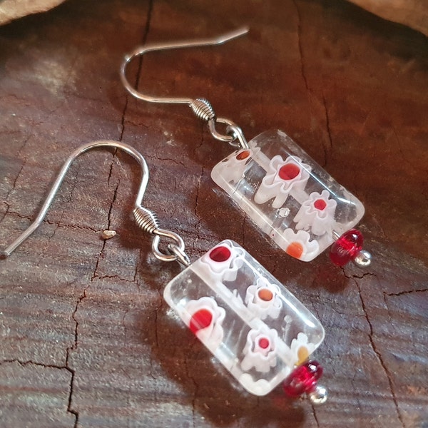 Millefiori Glass Bead Stainless Steel Earrings. Clear with Red and White Flowers by Indigo Mood