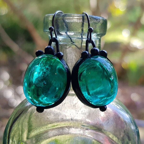 Stained Glass Earrings. Soldered Teal Green Glass Gem Drop Earrings by Indigo Mood
