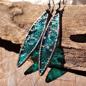 Stained Glass Earrings. Jungle Green Starburst Long Leaf Soldered Glass Earrings by Indigo Mood