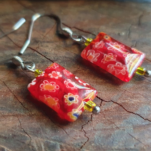 Millefiori Glass Beaded Earrings. Red with White and Yellow Flowers by Indigo Mood