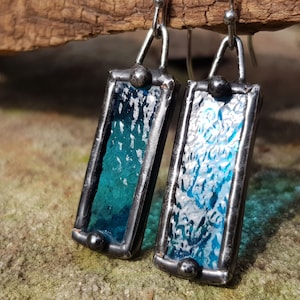 Aqua Blue Stained Glass Earrings. Soldered Rectangle Glass Stainless Steel Earrings by Indigo Mood