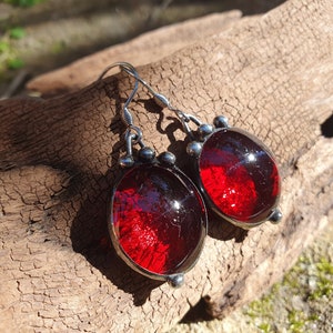 Stained Glass Cherry Red Earrings. Soldered Red Fused Glass Gem Drops by Indigo Mood