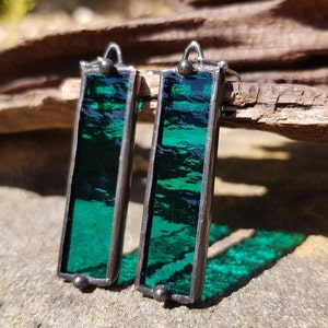 Long Emerald Green Stained Glass Earrings. Rectangle Soldered Stainless Steel Earrings by Indigo Mood