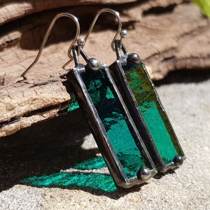 Emerald Green Stained Glass Earrings. Soldered Rectangle Stainless Steel Earrings by Indigo Mood