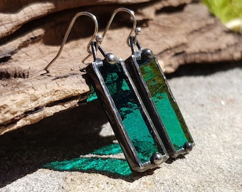 Emerald Green Stained Glass Earrings. Soldered Rectangle Stainless Steel Earrings by Indigo Mood