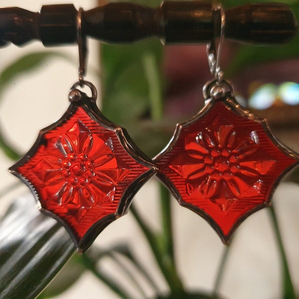 Rare Vintage Figured Red Glass Earrings. Stained Glass Soft Soldered Jewellery by Indigo Mood