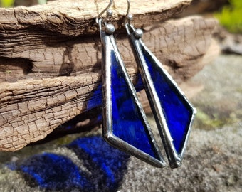 Blue Stained Glass Earrings. Soldered Triangle Stainless Steel Earrings by Indigo Mood